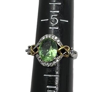 JEWLR Womens Ring 925 Sterling Silver and Gold Tone Light Green and Clear Stones